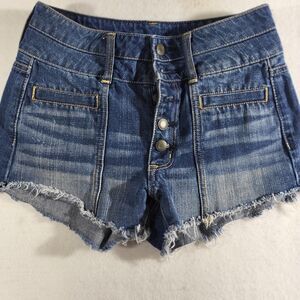 American Eagle Hi Rise Button Fly Cut Off Jean Shorts Womens Sz 2 Blue